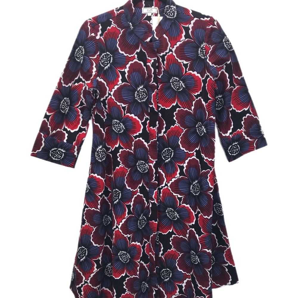 ZURI Kenya Size XS Jardin Blue Red Floral 3/4 Sleeve Pockets Shirt Dress - NEW